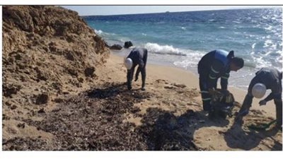 البيئة تواصل جهودها للقضاء على بقع تلوث زيتي بشاطئ محمية رأس محمد