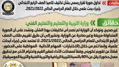 التعليم تنفى تكليف تلاميذ الصف الرابع الابتدائى بإجراء بحث علمى