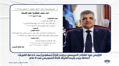 رئيس الكتلة البرلمانية لنواب السويس يهنئ الفريق اسامة ربيع بتجديد ثقة رئيس الجمهورية لعام اخر 