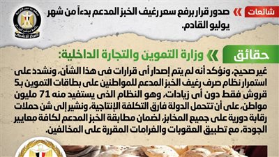 حقيقة صدور قرار برفع سعر رغيف الخبز المدعم بدءًا من شهر يوليو القادم