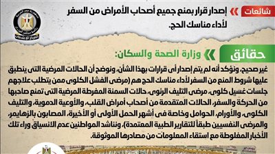 الحكومة تنفى إصدار قرار بمنع جميع أصحاب الأمراض من السفر لأداء مناسك الحج