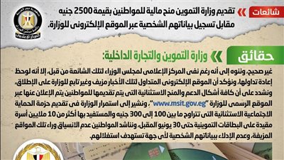 الحكومة تكشف حقيقة منحة الـ 2500 جنيه مقابل تسجيل المواطنين عبر الموقع الإلكتروني لوزارة التموين