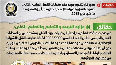 الحكومة تكشف حقيقة صدور قرار بتقديم موعد عقد امتحانات الفصل الدراسي الثاني لصفوف النقل والشهادة الإعدادية
