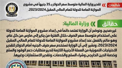 الحكومة تكشف حقيقة تقدير المالية لمتوسط سعر الدولار بـ٣٥ جنيهاً في مشروع الموازنة العامة للدولة 