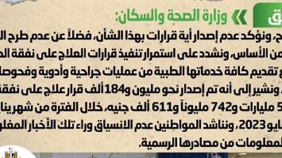 الحكومة تنفى اعتزامها إلغاء العلاج على نفقة الدولة خلال الفترة المقبلة