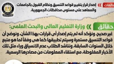 الحكومة تنفى تغيير قواعد التنسيق ونظام القبول بالجامعات ‏والمعاهد بالمحافظات