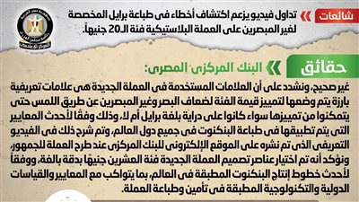 حقيقة اكتشاف أخطاء في طباعة برايل المخصصة لغير المبصرين على العملة البلاستيكية فئة الـ 20 جنيهاً