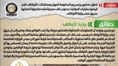 حقيقة بيع الحكومة أصول وممتلكات للأوقاف بدعوى تلف حجج وأسانيد ملكيتها