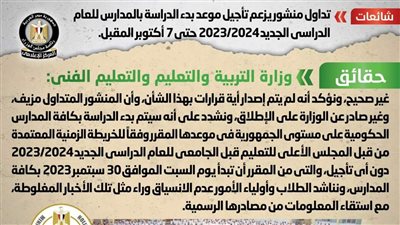 حقيقة تأجيل موعد بدء الدراسة بالمدارس للعام الدراسي الجديد 