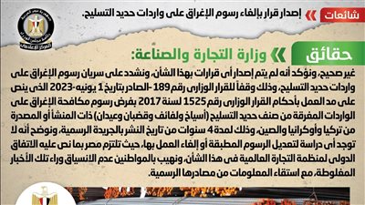 الحكومة تكشف حقيقة إصدار قرار إلغاء رسوم الإغراق على واردات حديد التسليح