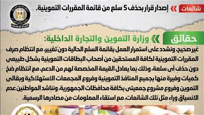 الحكومة تكشف حقيقة إصدار قرار بحذف 5 سلع من قائمة المقررات التموينية