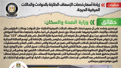 الحكومة تكشف حقيقة زيادة أسعار خدمات الإسعاف الطارئة بالحوادث والحالات المرضية الحرجة