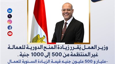 وزير العمل يُقرر زيادة المنح الدورية للعمالة غير المنتظمة من 500 إلى 1000 جنيه 